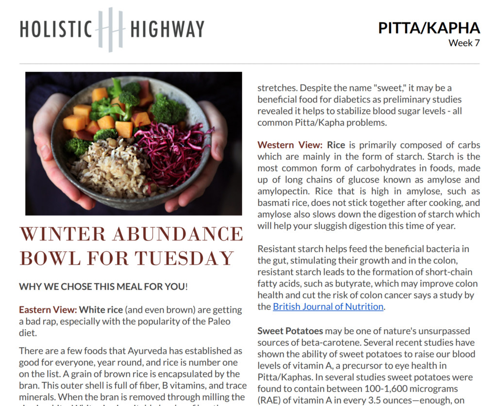 Meal Plan with Ayurveda Recipe from The Holistic Highway - The Holistic Highway: Ayurveda Sanctuary - Ayurvedic Meal Plan - Transformational Wellness Program - Dosha Quiz: Vata - Pitta - Kapha - Skincare Quiz