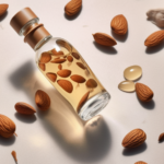 A bottle of almond oil rests on a neutral background. An Ayurvedic oil packed with nutrients. 
