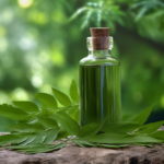 A glass bottle containing deep green Neem oil sits amidst a scattering of fresh neem leaves. 