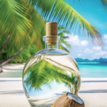 A bottle of transparent coconut oil, a potential ayurvedic oil, is seen in a tropical setting. 