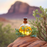 A glass bottle containing Jojoba oil ayurvedic oil is seen in a desert setting, amidst blooming jojoba plants. 