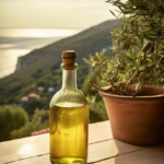 A rustic glass bottle of olive oil, coupled with a branch of olives, is placed against a Mediterranean landscape. 