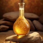 A glass bottle filled with golden sesame oil, an ayurvedic oil with great benefits, is positioned next to a pile of sesame seeds. 
